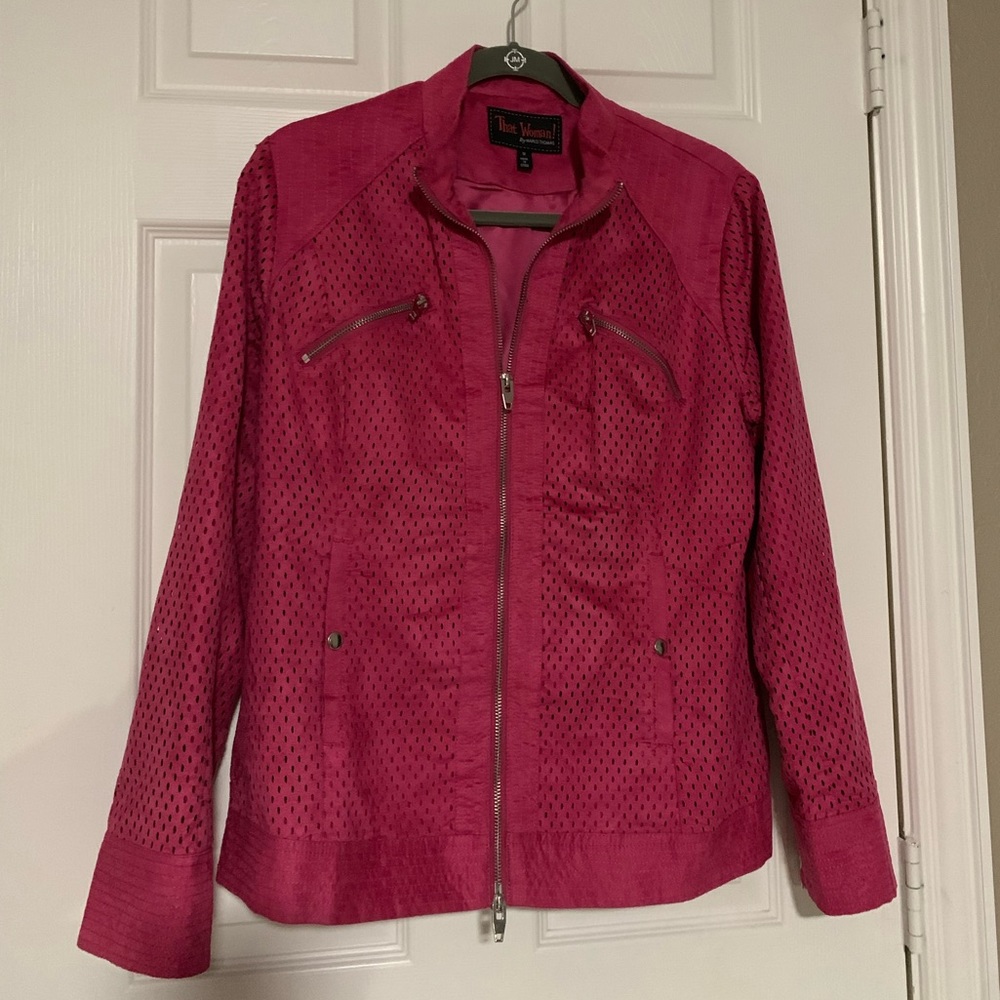 Marlo Thomas Faux Suede Perforated Pink Fuschia Moto Jacket That Woman!